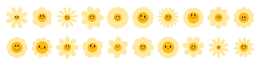 Daisy flowers.Retro chamomile smiles in cartoon style. Happy stickers set from 70s. Vector graphic illustration