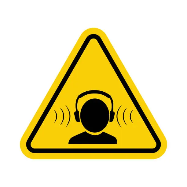 Vector illustration of Hearing protection sign. High noise level warning sign. Yellow triangle sign with a human head icon with headphones inside. Wear headphones or earplugs. High noise protection sign.