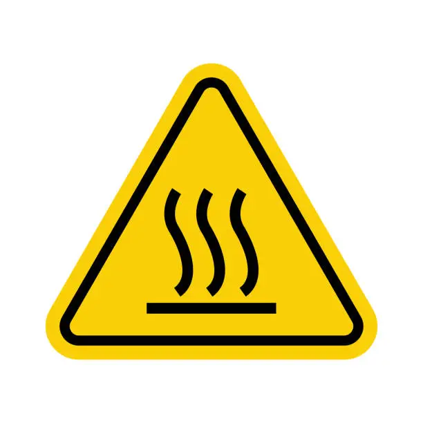 Vector illustration of Hot surface sign. Hot surface warning sign. Yellow triangle sign with surface smoke icon inside. Caution, risk of burns.