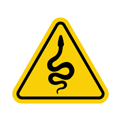 Sign snake. Snake warning sign. Danger snake sign. Yellow triangle sign with venomous snake icon inside. Risk of snake bite. Caution snake. Snake venom