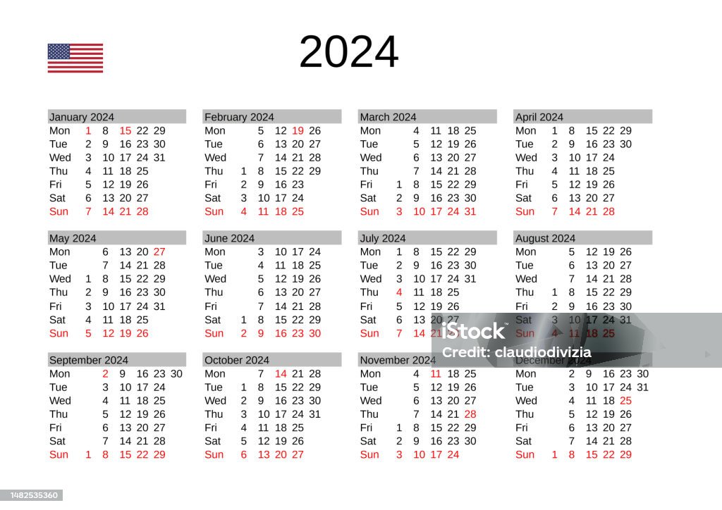 연도 2024 달력 영어 및 미국 공휴일 0명에 대한 스톡 벡터 아트 및 기타 이미지 0명, 10월, 11월 iStock