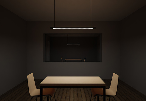Debriefing or interrogation room with a one-way mirror window, 3d rendering. Police office interrogation room without people in low light