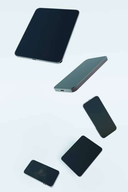 Smartphones and tablets floating in white background, 3d rendering. Modern digital technology, communication, apps and advertising concept