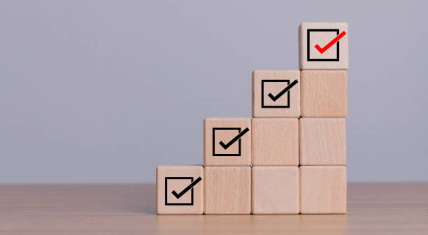 istock Corporate regulatory and compliance. Quality control management, ISO certification. Product, service quality warranty. Checklist survey and assessment process. Wooden cube with check mark icon 1482538703