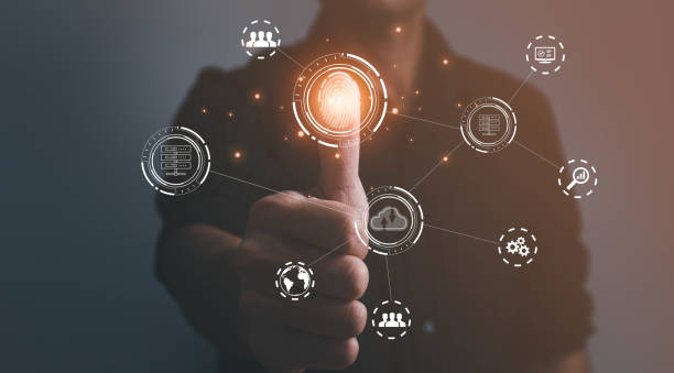 istock businessmen Fingerprint scanning and biometric authentication, processing of biometric for access personal data. surveillance and security scanning of digital programs cyber futuristic applications 1482538884