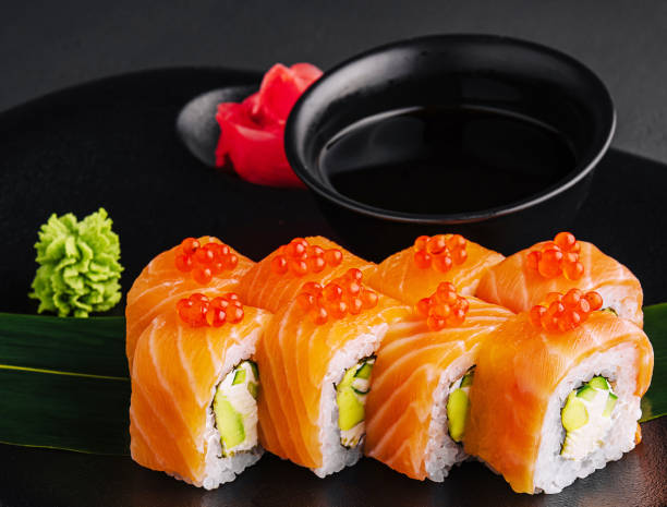 istock Philadelphia sushi rolls with caviar on plate 1482539046