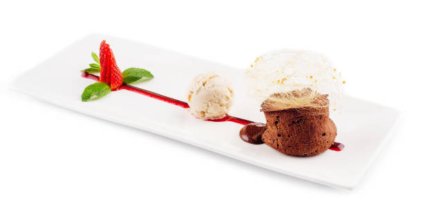 istock chocolate volcano with vanilla ice cream and strawberry 1482539263
