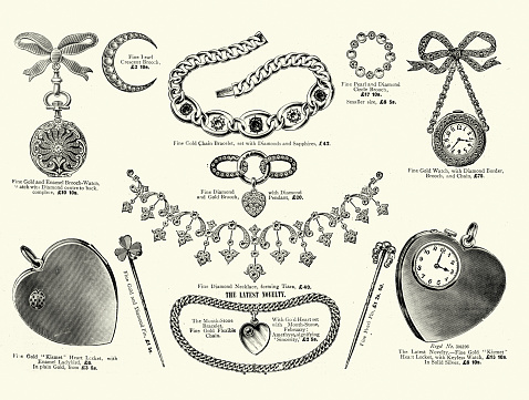 Vintage illustration of Examples of Victorian jewellery, Brooch watch, Locket, Bracelet, Diamond necklace, Kismet heart locket, 1890s, 19th Century