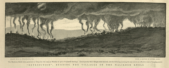 Vintage illustration Retribution, Burning the villages of the malikden khels, Maidan, Pakistan, 1890s, 19th Century