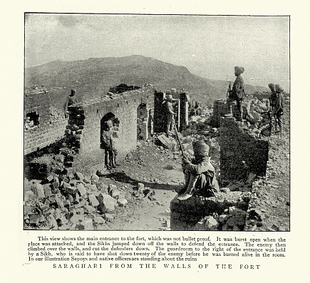 Vintage illustration after a photograph of Soldiers in the ruins of the Fort at Saragarhi, Tirah, North-West Frontier Province, British India, 1890s, 19th Century. The Battle of Saragarhi was a last-stand battle fought before the Tirah Campaign between the British Raj and Afghan tribesmen. 12 September 1897