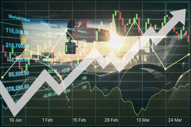 istock Interior image inside of the car with driver's hand control the steering wheel while driving the car on motorway in Thailand with  graph and chart data for growth investment on travel transportation industry. 1482545337