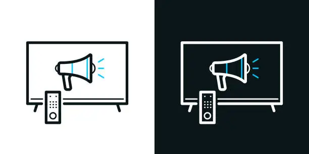 Vector illustration of TV with megaphone. Bicolor line icon on black or white background - Editable stroke