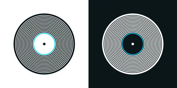 Vector illustration of Vinyl record. Bicolor line icon on black or white background - Editable stroke