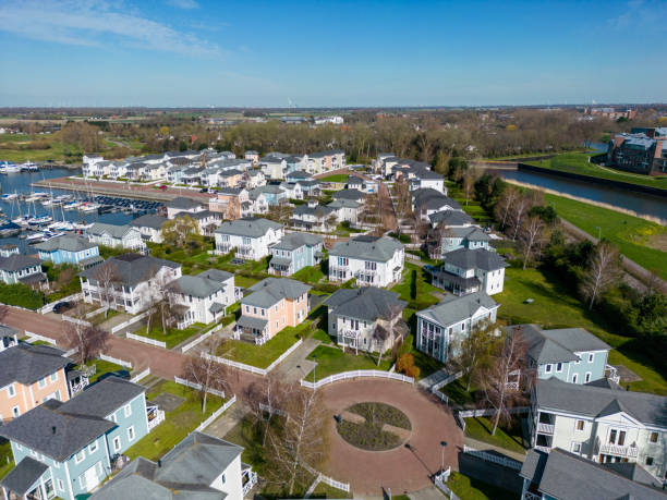 istock Drone view of village with marina 1482550112