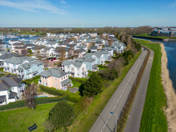 Drone view of village with marina stock photo