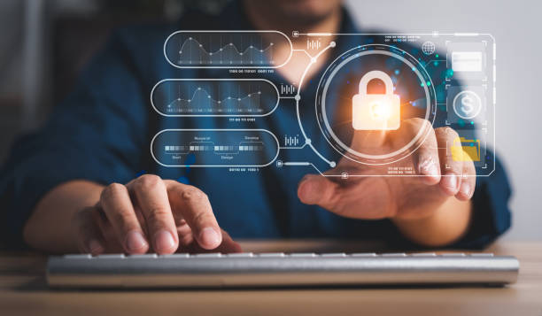 istock Businessman touch a virtual screen to unlock and access information and document, Protection network security computer and safe data, cybersecurity concept, user privacy security and encryption 1482550132