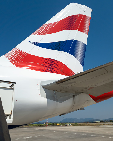 Preveza. Greece-08.08.2021: the British Airways markings on the tail of an Airbus plane.