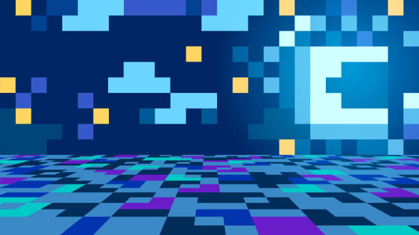 kuvapankkikuvitukset aiheesta yksinkertainen pikselöity luonnonmaisema, kuu taivaalla - maan horisontti