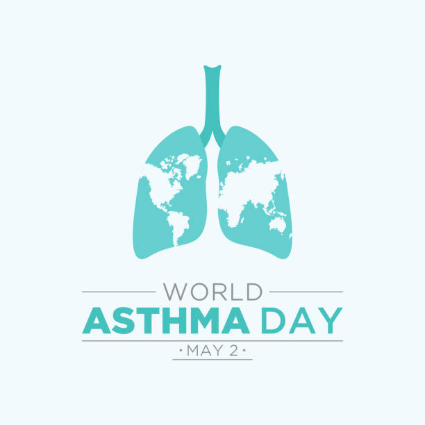 ilustraciones, imágenes clip art, dibujos animados e iconos de stock de día mundial del asma. ilustración vectorial del póster de concientización sobre el día mundial del asma con pulmones sanos e inhalador. - asmático