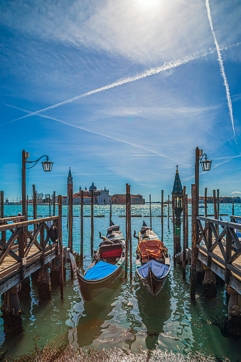 Venice: View of Grand Canal with gondolas and San Giorgio Maggiore church on background. San Marco square.