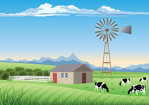 идиллический ферма пейзаж - farmhouse the natural world meadow pasture stock illustrations