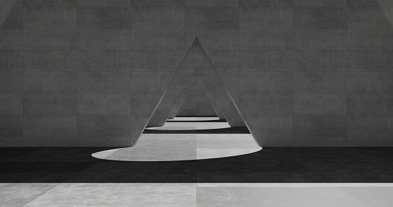 Abstract background of endless rooms with dark gray tiles and triangular arches on a dark wall. Light falls from the windows, triangular passages cast round shadows. 3D rendering