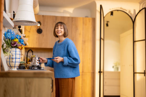istock Woman heats a kettle at kitchen 1482560897