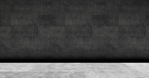 The junction of the gray wall and the concrete floor. Absolutely pure white wall. White light falls on the right on the gray floor in an empty room. Abstract background, 3D rendering
