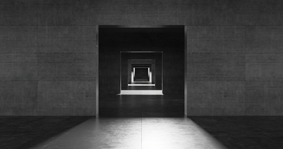 A square arch leads to the next room, and behind it another room with a square passage, beyond which infinity. Rooms with gray concrete walls, electric white light on
