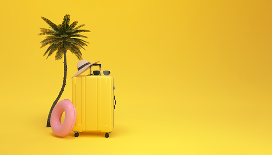 Suitcase with sun glasses and hat inside of a palm tree on yellow background. travel paradise concept minimal. 3d rendering.