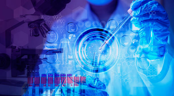 istock Double exposure microscope Young woman scientific using equipment for research. Genetic research and Biotech science Concept. Human Biology and pharmaceutical technology 1482562791