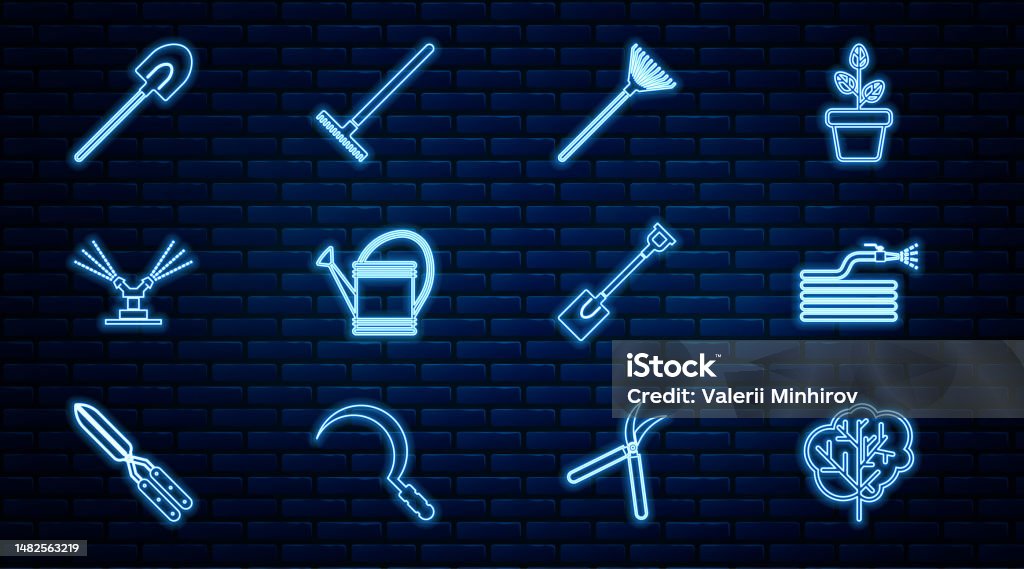 Fire Rake Vector Image Set Line Tree Garden Hose Or Fire Hose Rake For Leaves Watering Can ...