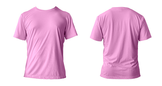 Maqueta de camiseta limpia rosa en blanco, aislada, vista frontal. Maqueta de modelo de camiseta vacía. Tela de tela transparente para plantilla de atuendo de fútbol o estilo. photo