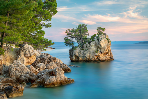 Brela, Croatia. View of famous rock in the sea - the symbol of this place