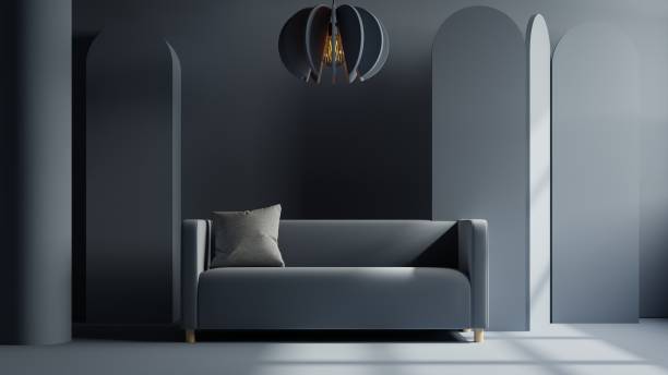 istock Mockup living room interior with blue sofa on empty dark blue wall background. 1482566256