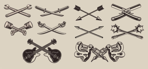 set ilustrasi vektor elemen silang - mesin tato ilustrasi stok