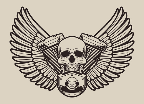 Vector vintage illustration skull biker with engine and wings on a light background