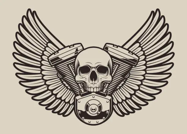 Vector illustration of Vector vintage illustration skull biker with engine and wings