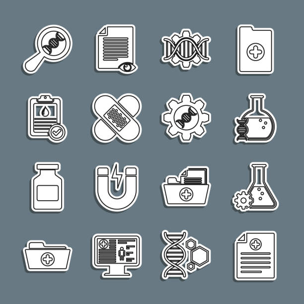 istock Set line Clinical record, Bioengineering, DNA research, search, Genetic, Crossed bandage plaster, Clipboard with blood test, and icon. Vector 1482567391
