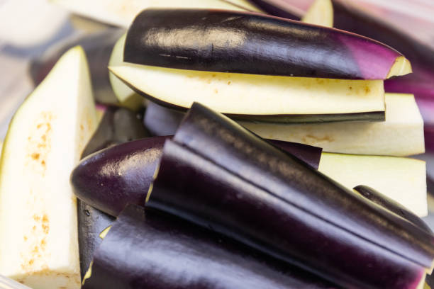 Japanese Nasu-Egg Plant sliced and ready to cook stock photo