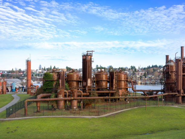 A wide image from Gas Works Park in Seattle. Gas Works Park is a 19.1-acre public park situated in Seattle, Washington State, that was once a coal gasification plant. The park was opened to the public in 1975 and has since become one of Seattle's most iconic landmarks.