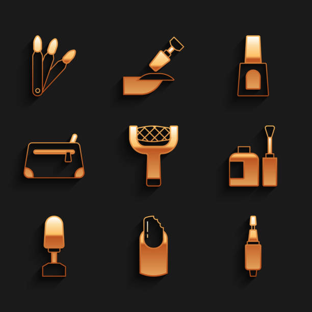 Set Nail file, Broken nail, Milling cutter for manicure, Bottle of polish, Cosmetic bag, and False nails icon. Vector Set Nail file Broken nail Milling cutter for manicure Bottle of polish Cosmetic bag and False nails icon. Vector. broken lipstick stock illustrations