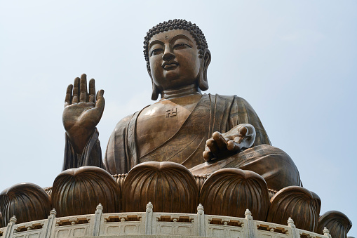 Tian Tan Buddha monument, a large bronze statue of Buddha Shakyamuni, located on top of Ngong Ping on Lantau Island. Hong Kong.