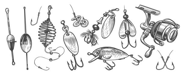 ilustrações, clipart, desenhos animados e ícones de conjunto de equipamentos de pesca. diversos itens e acessórios para a pesca esportiva. pegue um peixe, conceito, esboço ilustração vetorial - freshwater fishing