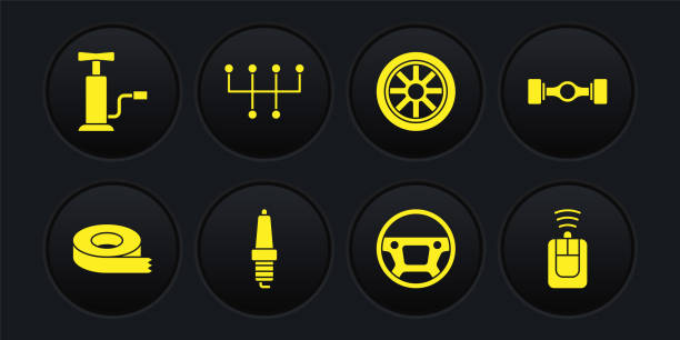 istock Set Scotch tape, Chassis car, Car spark plug, Steering wheel, Gear shifter, key with remote and air pump icon. Vector 1482582690