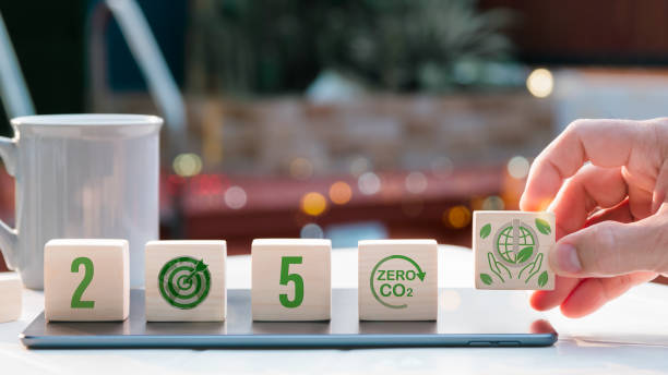 istock Zero by the year 2050. zero carbon. objective of net-zero greenhouse gas emissions. Long-term climate neutrality approach. No harmful gases. A hand places wooden cubes with the 2050 net zero emblem. 1482583369