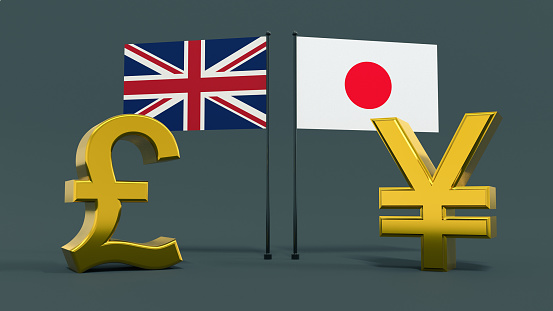 Gold-plated British pound and yen symbols with the flags of Great Britain and Japan stand opposite each other on a neutral gray background. Finance concept. world currencies. 3D rendering.