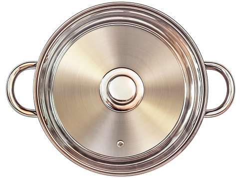 Studio shot of stainless steel Casserole with handles, covered with transparent glass lid, isolated on white background - directly above.