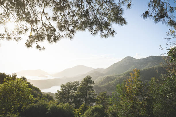 sunset over sea and mountain landscape
