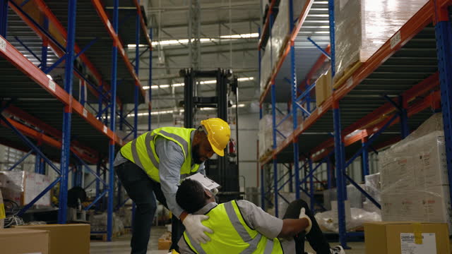 Worker accident in warehouse, workplace safety concept.